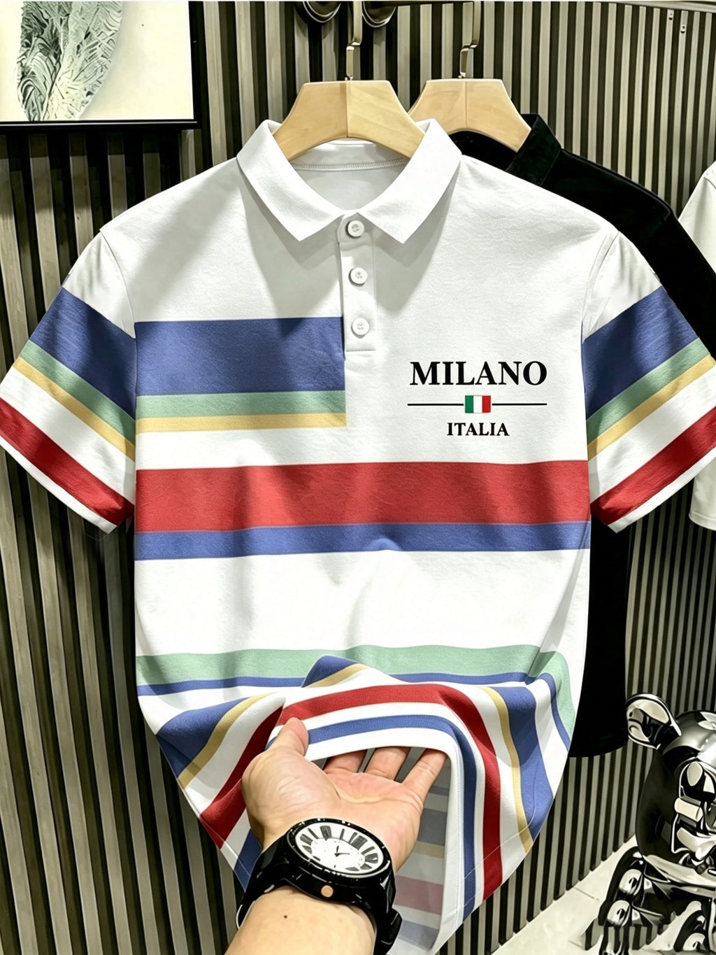 Men'S Multicolor Horizontal Stripes Polo Shirt, MILANOITALIA Men'S Top POLO Shirt, Casual Summer Golf Daily Wear Top, Suitable for Outings, Travel, Outdoor Wear - White