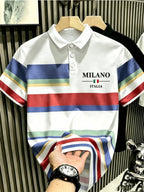 Men'S Multicolor Horizontal Stripes Polo Shirt, MILANOITALIA Men'S Top POLO Shirt, Casual Summer Golf Daily Wear Top, Suitable for Outings, Travel, Outdoor Wear - White