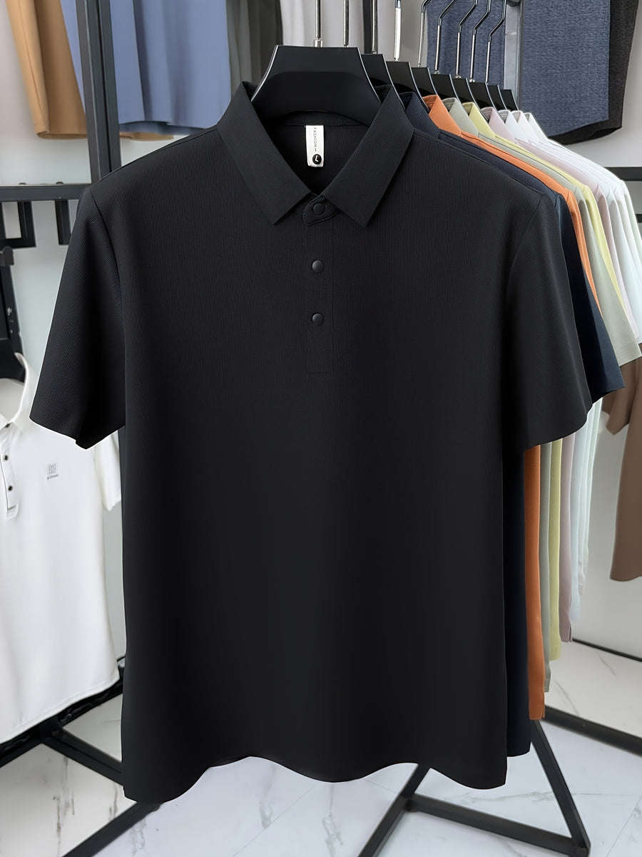 SaXing OBM New Spring/Summer Men's Polo Shirt, Old Money Style Textured Waffle Knit Solid Color Contrast Seamless Half-Placket Single-Breasted Lapel Short-Sleeve T-Shirt, Men's Fashionable Versatile Pullover Base Layer Top with Split Hem Design - Black