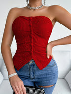 Single Breasted Ruched Tube Top, Versatile Textured Solid Tube Top, Women's Clothing - Red