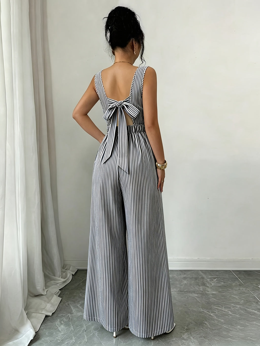 ASD1 Elegant Striped Square Neck Sleeveless Women's Bodysuit with Tie-Back Wide-Leg Pants - Stripe