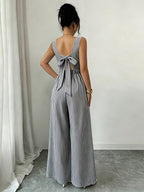 ASD1 Elegant Striped Square Neck Sleeveless Women's Bodysuit with Tie-Back Wide-Leg Pants - Stripe