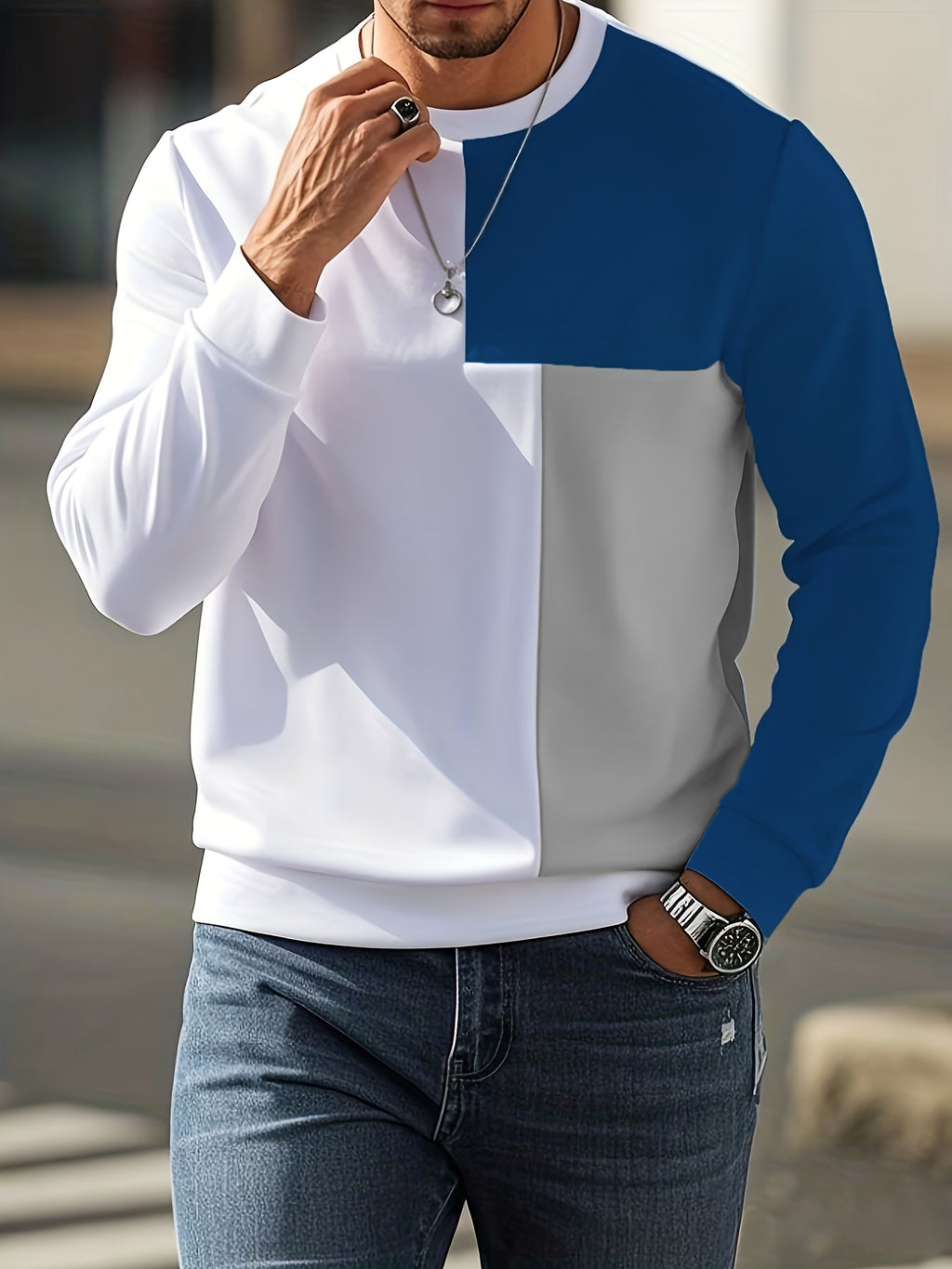 Men'S Gifts, New Spring And Summer Round Neck Pullover Casual Fashion Top, Color-Blocking Casual Knitwear, Machine Washable, Elegant Layered Outfit for Men, Versatile Daily And Formal Men'S Attire - White