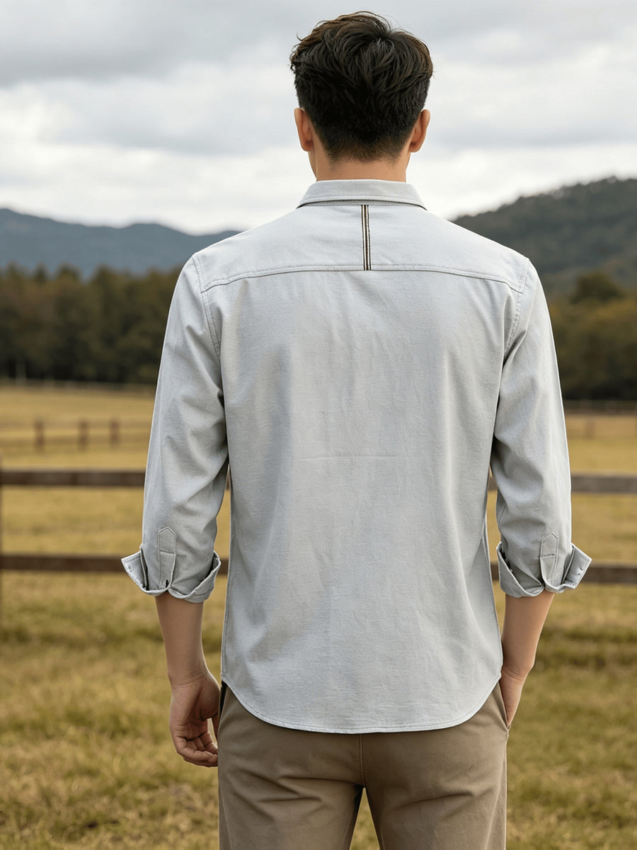 Men's Casual Long-Sleeve Shirt with Lapel and Faux Pocket Design, Slim Fit for a Slimming Look, Durable and Wrinkle-Resistant for Daily Outdoor Casual Wear, Business-Casual Solid Color Shirt - Light Grey