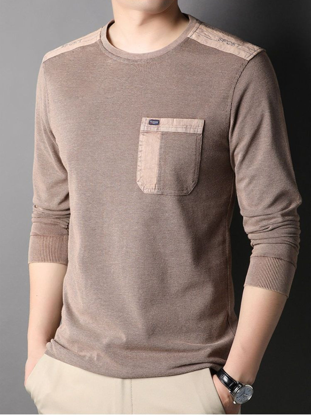 Men'S Distressed Waffle Long Sleeve Round Neck Top, Shoulder Patchwork And Pocket Design, Retro Casual Style - Coffee Brown