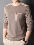 Men'S Distressed Waffle Long Sleeve Round Neck Top, Shoulder Patchwork And Pocket Design, Retro Casual Style - Coffee Brown