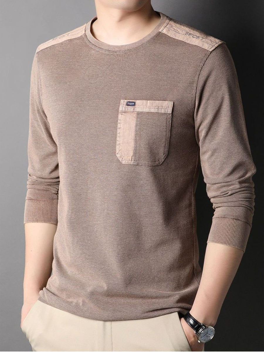 Men'S Distressed Waffle Long Sleeve Round Neck Top, Shoulder Patchwork And Pocket Design, Retro Casual Style - Coffee Brown