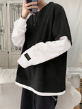 American-style Trendy Basic Simple and Versatile Unisex Raglan Sleeve Design, Suitable for Autumn and Winter, Casual Loose Fit, Color-blocked Crew Neck 2-in-1 Look Men's Long-sleeve Base Layer Shirt - Black