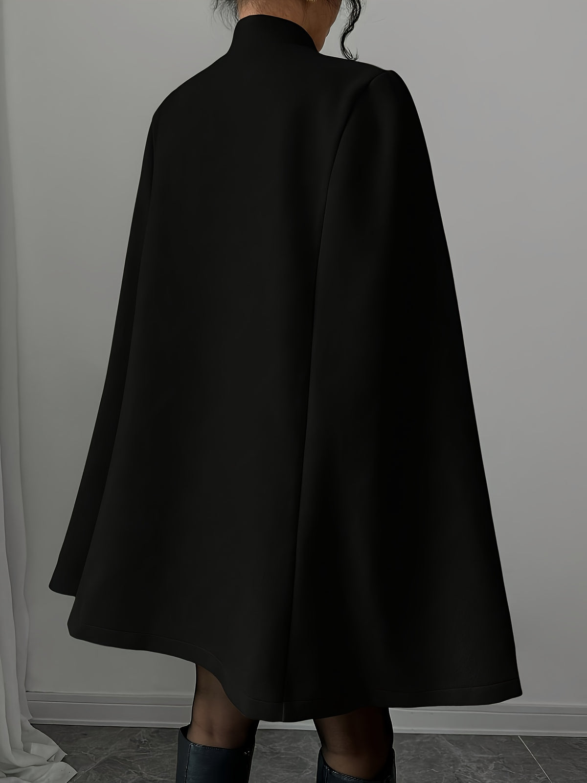 Elegant and Graceful Stand-up Collar Contrasting Color Chinese Style Button Cape Shawl Ladies Autumn and Winter Thick Coat - Black