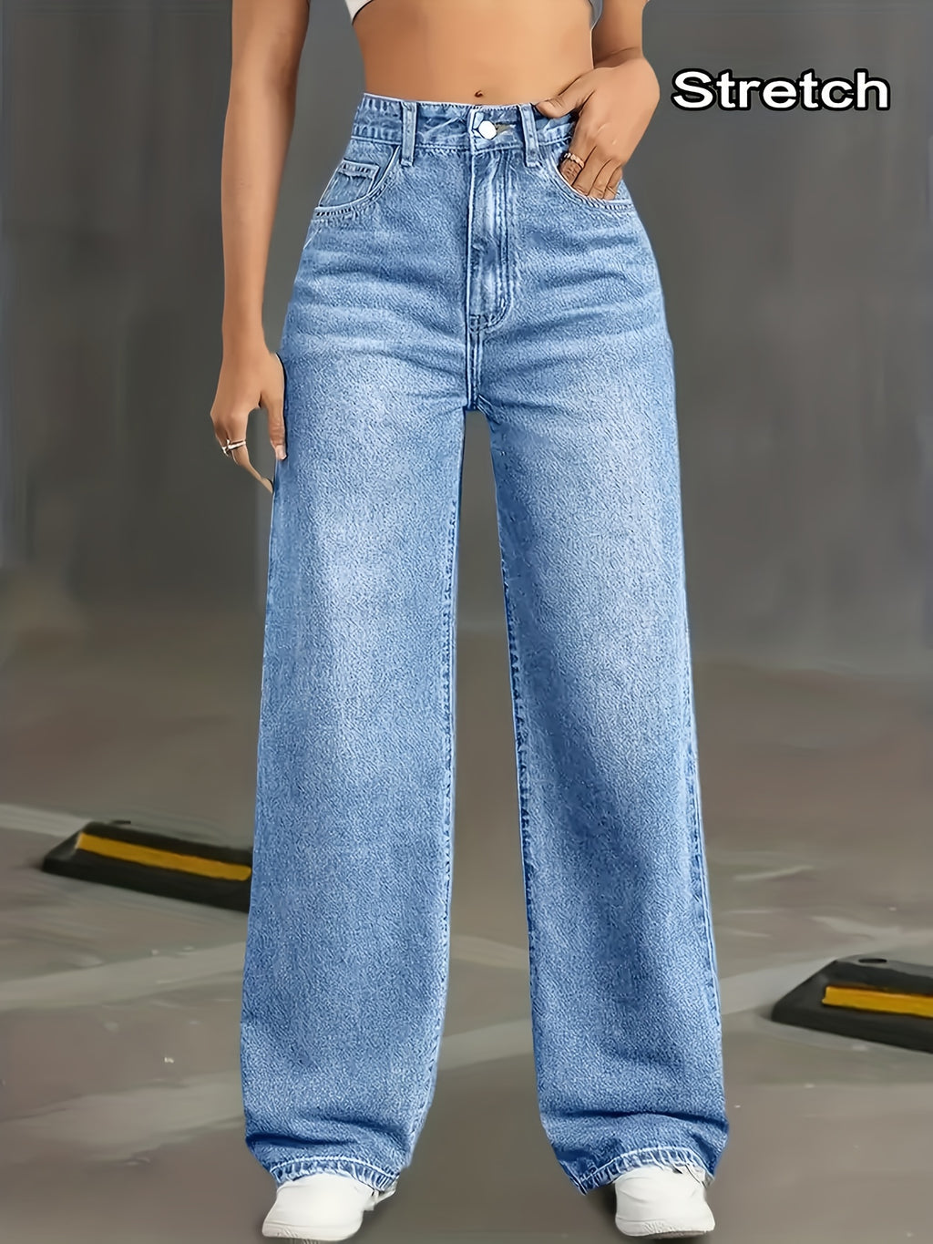Women's High-Waisted Wide-Leg & Straight-Leg Jeans Pants - Stretch Denim Trousers with Washed Blue Color, Tight-Fitting Top & Loose Bottom for all-Season Wear, Suitable for Work, Travel, Office - Elegant Special Line (In Stock) - Medium Blue