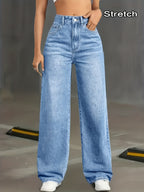 Women's High-Waisted Wide-Leg & Straight-Leg Jeans Pants - Stretch Denim Trousers with Washed Blue Color, Tight-Fitting Top & Loose Bottom for all-Season Wear, Suitable for Work, Travel, Office - Elegant Special Line (In Stock) - Medium Blue