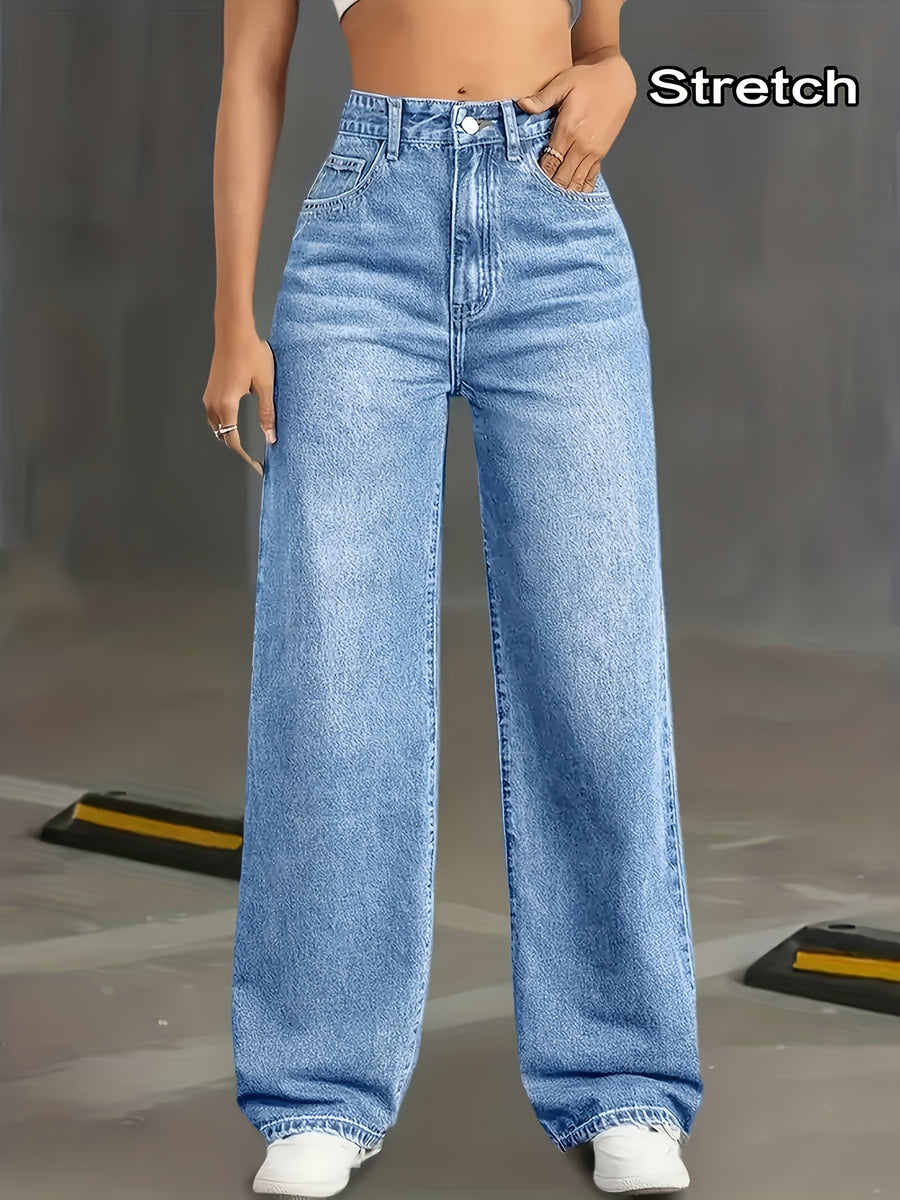 Women's High-Waisted Wide-Leg & Straight-Leg Jeans Pants - Stretch Denim Trousers with Washed Blue Color, Tight-Fitting Top & Loose Bottom for all-Season Wear, Suitable for Work, Travel, Office - Elegant Special Line (In Stock) - Medium Blue