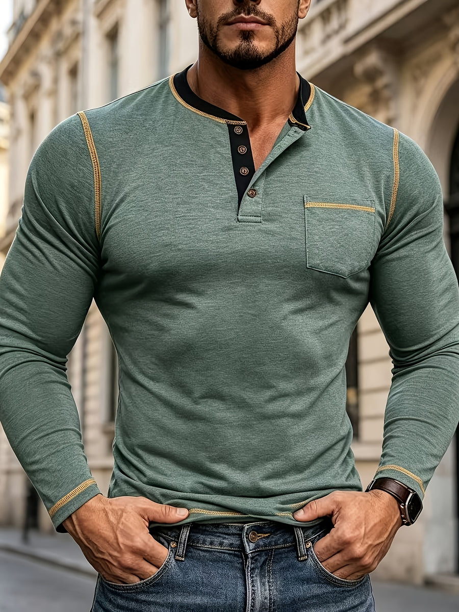 Autumn Casual Men'S Fashion Long Sleeve Henley Shirt T-Shirt Men'S Base Layer Shirt Round Neck Top - Olive Green