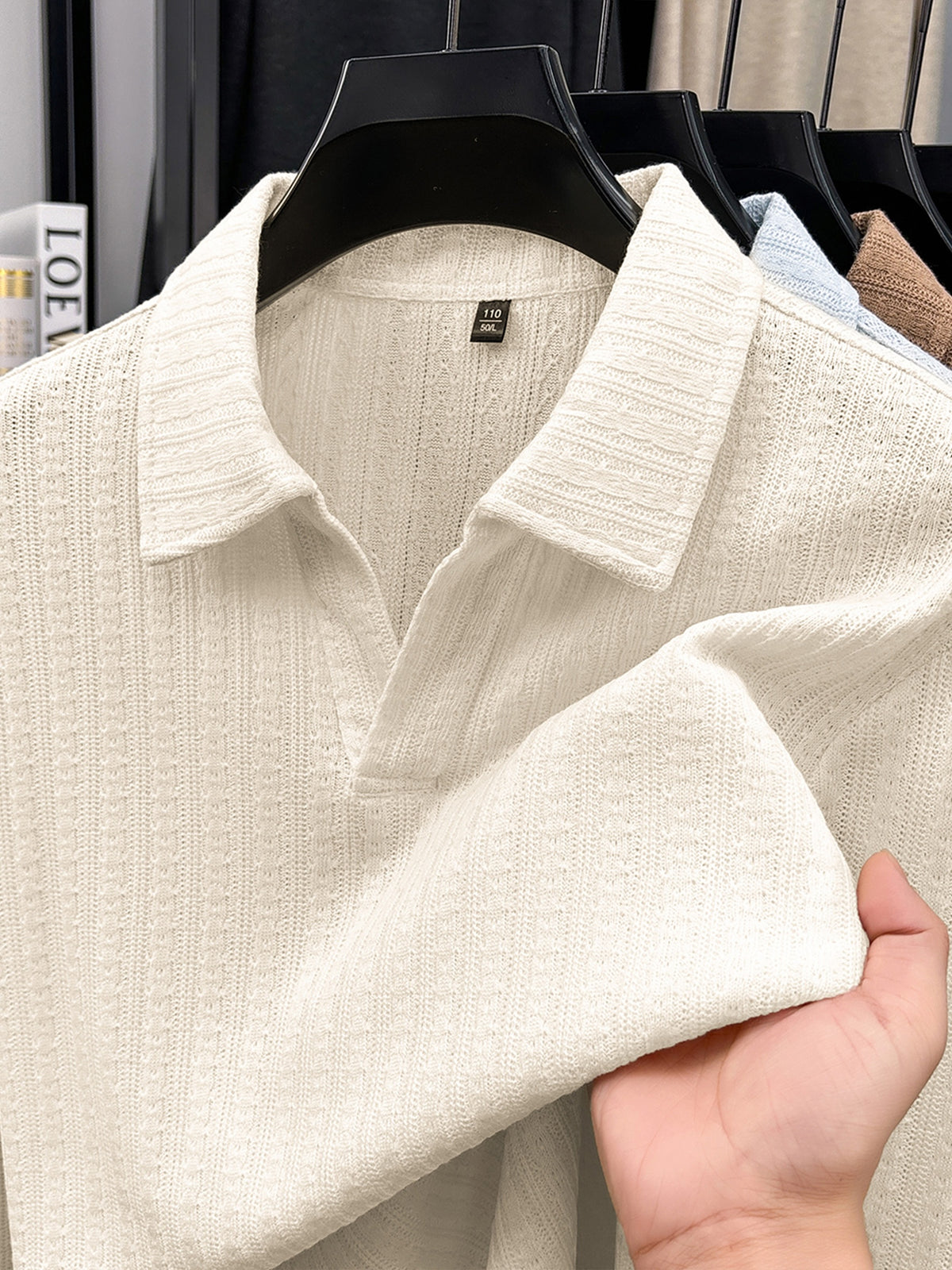 Mature Men'S Knit Long Sleeve Polo Shirt, Multi-Cable Design Heavyweight Style Multi-Color Available Textured Ribbed Fabric, V-Neck Long Sleeve Design, Delicate Vertical Ribbed Jacquard Texture, Light Mature Business Casual Style - Off-white