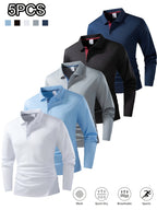 5pcs Men'S Long Sleeve Polo Shirts, 150GSM Lightweight Quick-Dry Breathable Golf Shirts, Contrast Placket Collar T-Shirt Men, Work Shirts, High-Quality Golf Clothing for Outdoor Training, Travel, Business Casual, Spring And Fall - White+Blue+Grey+Black+Navy