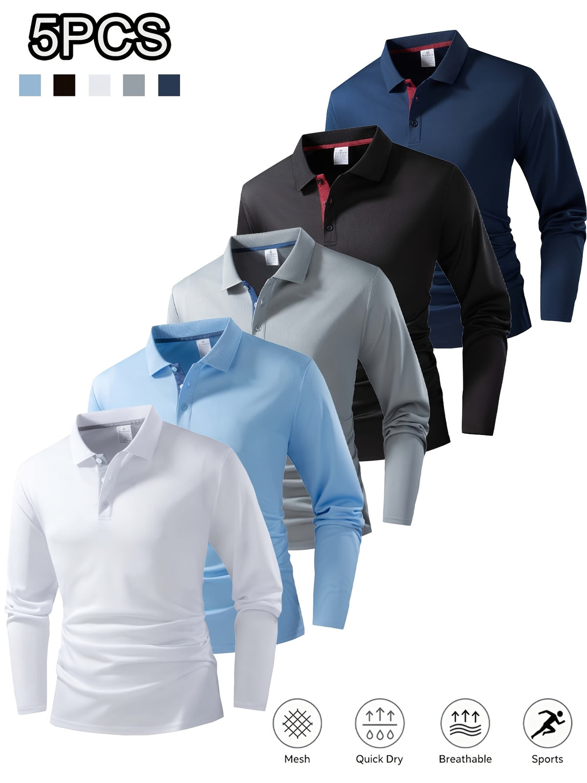 5pcs Men'S Long Sleeve Polo Shirts, 150GSM Lightweight Quick-Dry Breathable Golf Shirts, Contrast Placket Collar T-Shirt Men, Work Shirts, High-Quality Golf Clothing for Outdoor Training, Travel, Business Casual, Spring And Fall - White+Blue+Grey+Black+Navy
