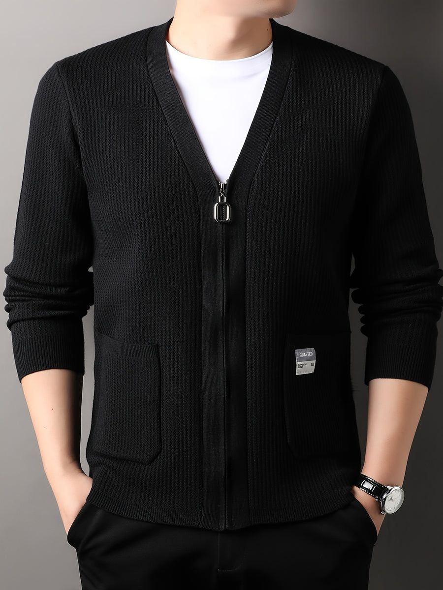Men's Old Money Style Knit Cardigan Sweater Jacket - Solid Color V-Neck Zipper Front with Side Pocket, Open Front Zipper Suitable for Business Casual, Layering for Golf, Outdoor, Vacations, Spring/Autumn Wear, Versatile for Daily Outfits - Black