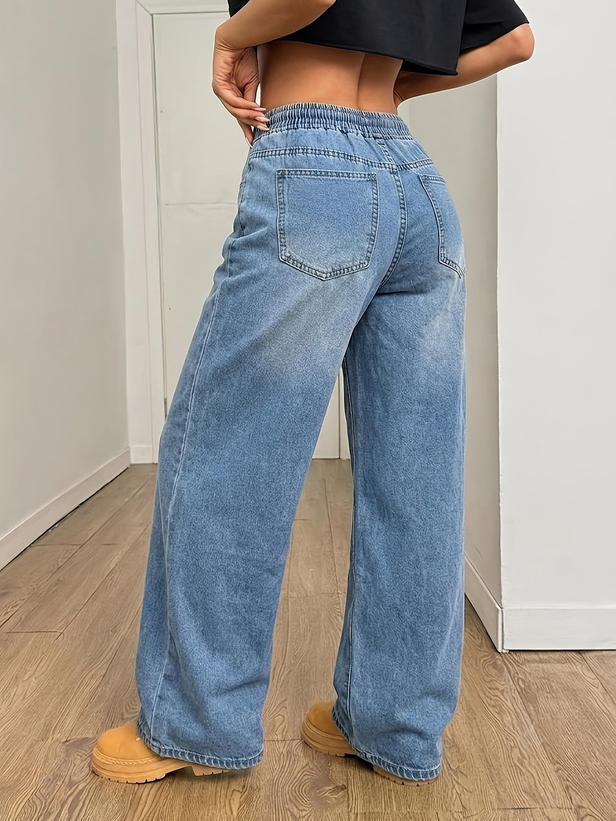 Summer Women'S Elastic Waist Lightweight Fabric Wide-Leg Jeans, Loose Drawstring High-Waist Thin Casual Denim Trousers, Suitable for Beach, Daily Commute, Casual Outings - Sky Blue