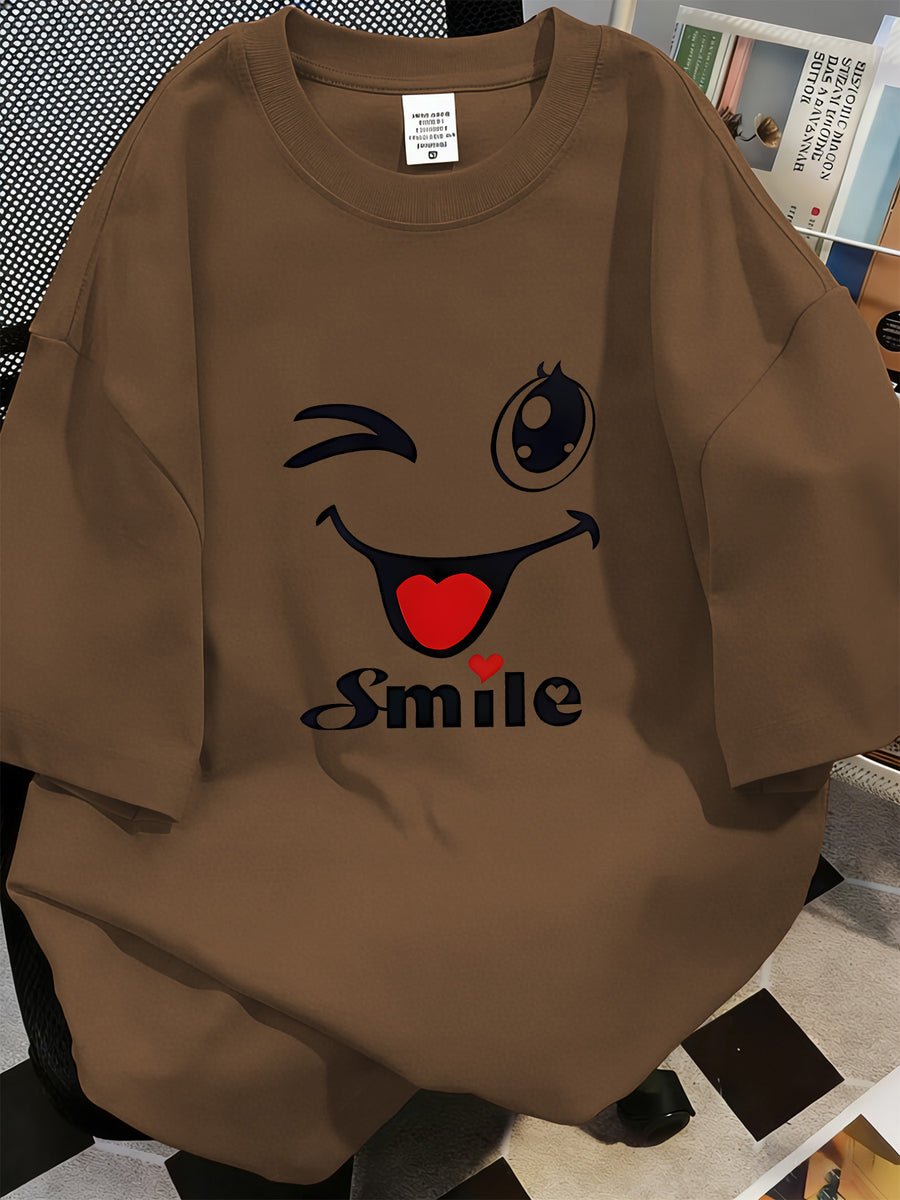 Women' Oversized Soft T-Shirt with Smile Winking Face & Letter Print - Loose Fit Short Sleeve Top, Age-Reducing Casual Blouse Suitable for Spring Summer Fall, Machine Washable Non- Wardrobe Essential - Coffee Brown