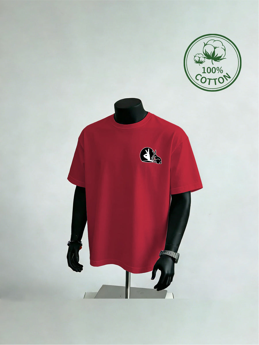 New Summer Style Men's Casual Sportswear with Rabbit Hand Shadow Print, Pure Cotton Short Sleeve, Moisture-Wicking and Sweat-Absorbing, Comfortable for Casual Streetwear and Outdoor Sports & Fitness - Red