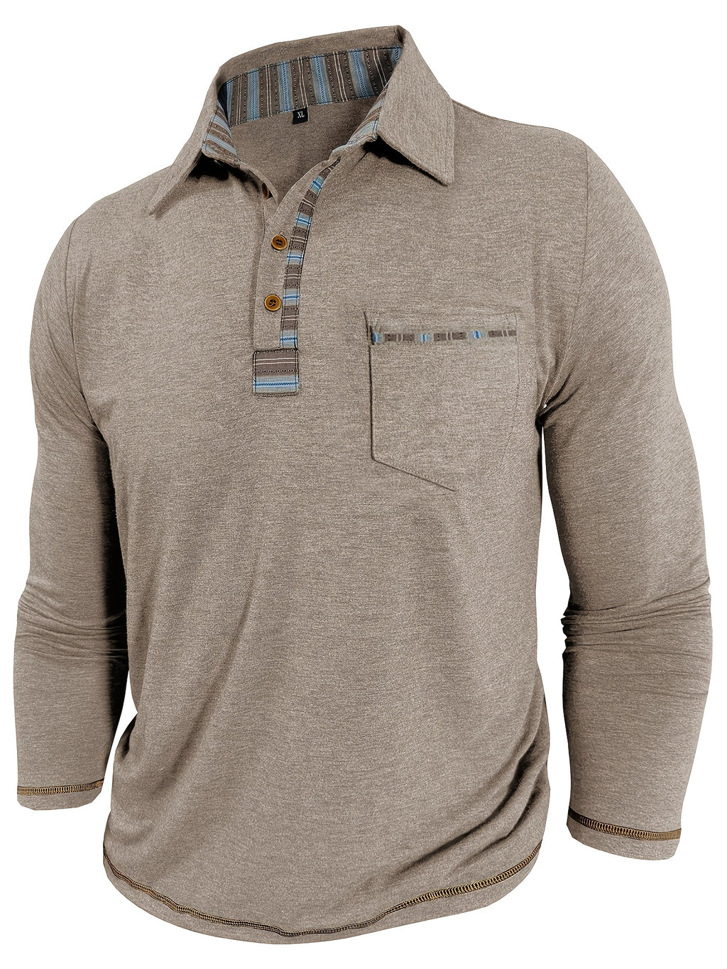 Men'S Retro Trendy Fashion Lapel Long Sleeve Polo Shirt, Casual Stylish Pocket Top T-Shirt - Apricot