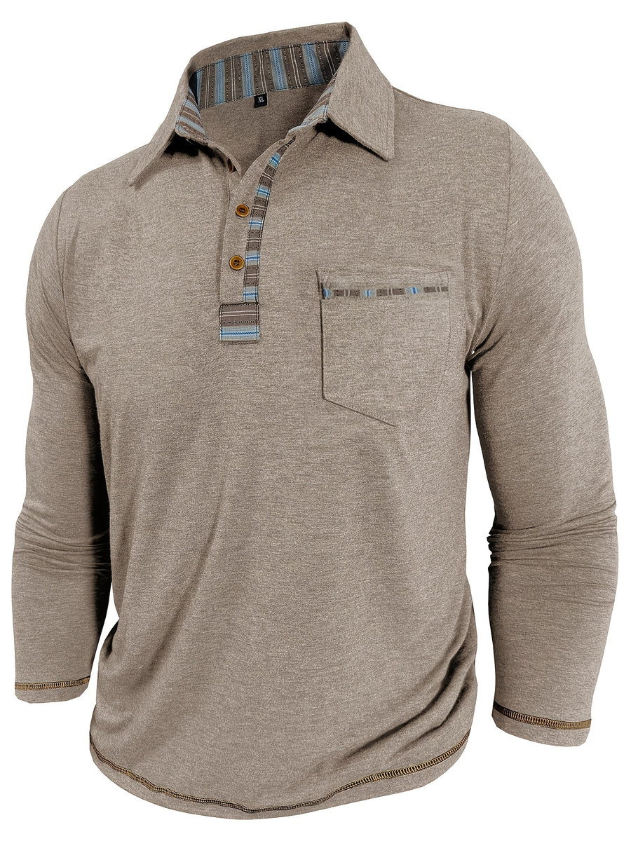 Men'S Retro Trendy Fashion Lapel Long Sleeve Polo Shirt, Casual Stylish Pocket Top T-Shirt - Apricot