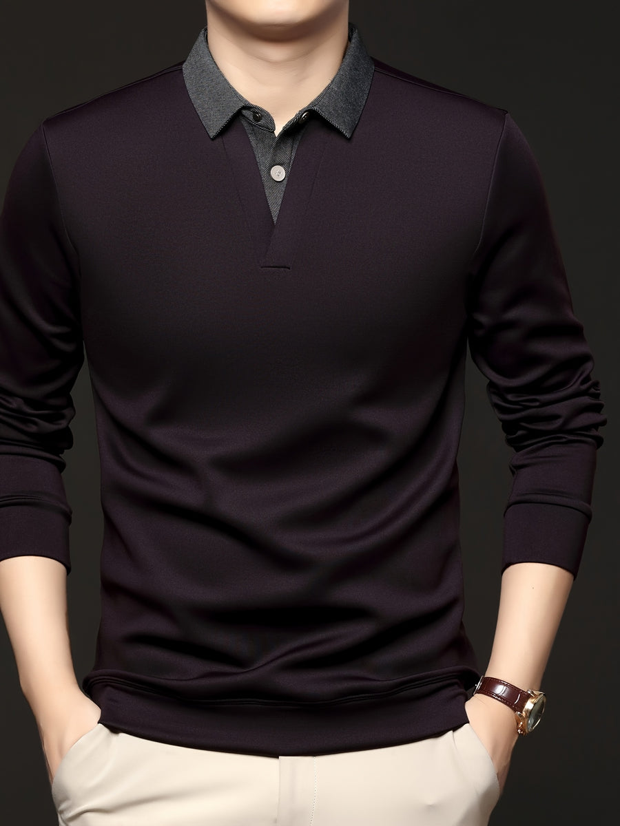 Men's Autumn/Winter 2-in-1 Look Polo Sweatshirt, Pullover Top, Business Casual, Daily Outings, Versatile and Durable, Warm and Comfortable, Ideal Gift Choice - Dark Purple