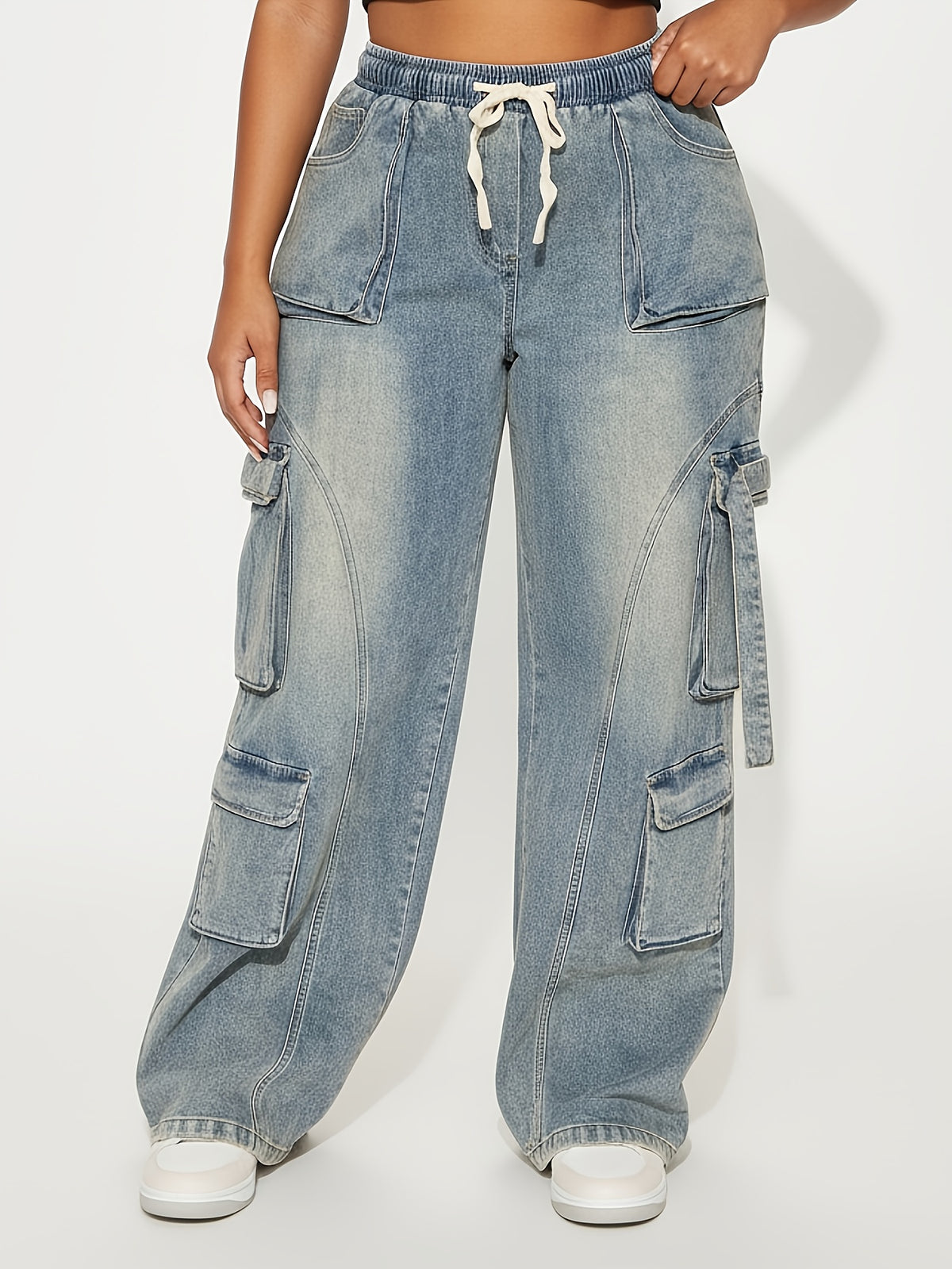 Women's Washed Denim Elastic Waist Pocket Cargo Pants - Medium Blue