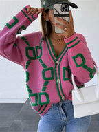 Western And American Autumn Winter New Plush Patchwork Contrast Color Sweater Cardigan Coat - Pink