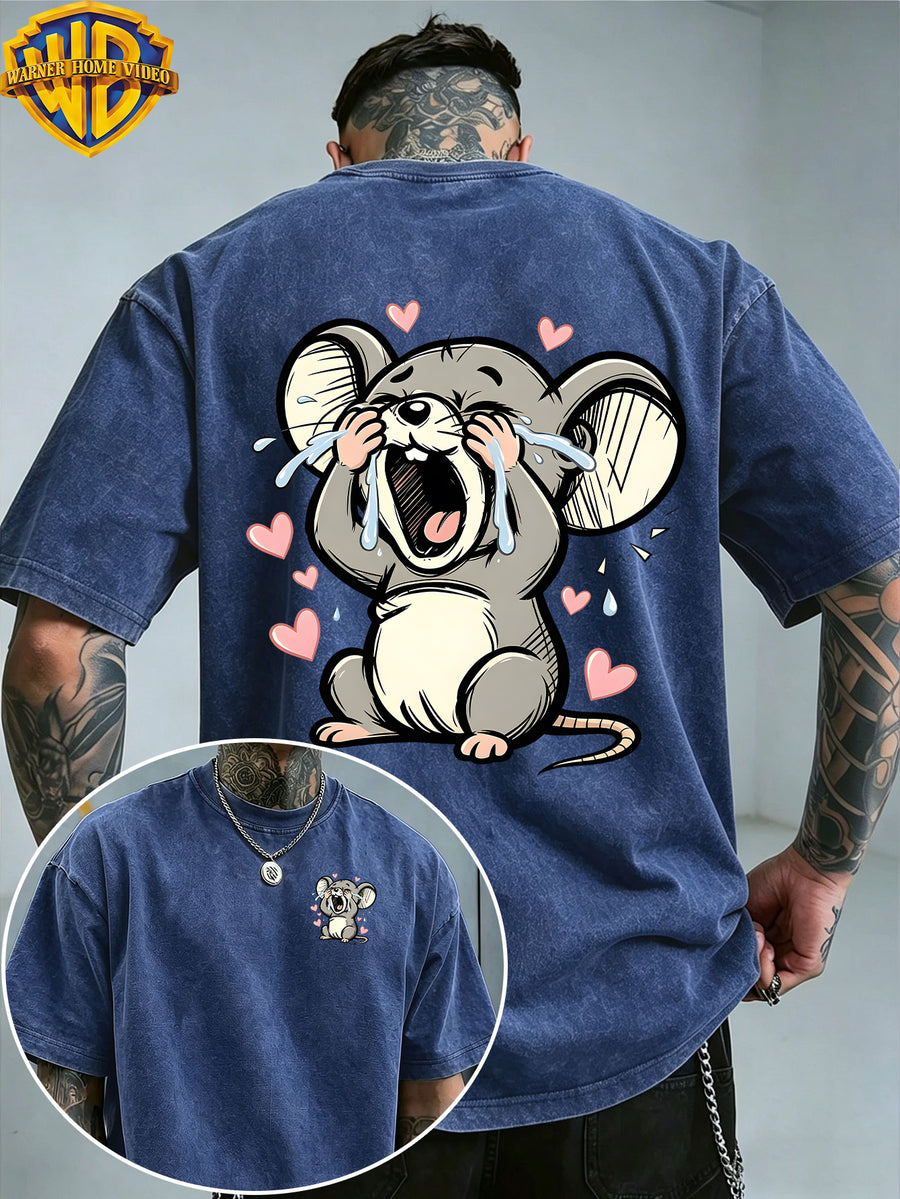 Warner Bros. Officially Authorizes Crying on the Floor with Floating Love Print Washed Outdated Short Sleeve T-shirt for Men and Women, Machine Washable Daily Commuter Outdoor Sports and Leisure Top - Royal Blue