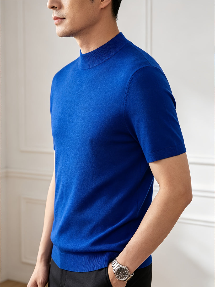 Men'S Solid Mock Neck Short Sleeve Knit Sweater, Soft Skin-Friendly Wool Blend Pullover, Stretch Slim Fit Basic Knit Top, Rib Neck Cuff, Business Commute Daily Casual Shirt, Versatile Inner And Outer Wear Men Base Layer - Klein Blue