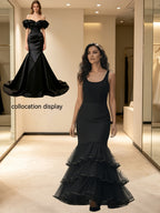 1pc Women'S Black And White Mermaid Dress with Waist Cincher, Three Layers of Tulle Ruffled Lace And 1pc Crinoline Hoop, Elegant Bridal Slip, Inner Wear for Princess Ball Gowns And Cheongsams, Women'S Autumn Apparel for Vacations And Trips - Black