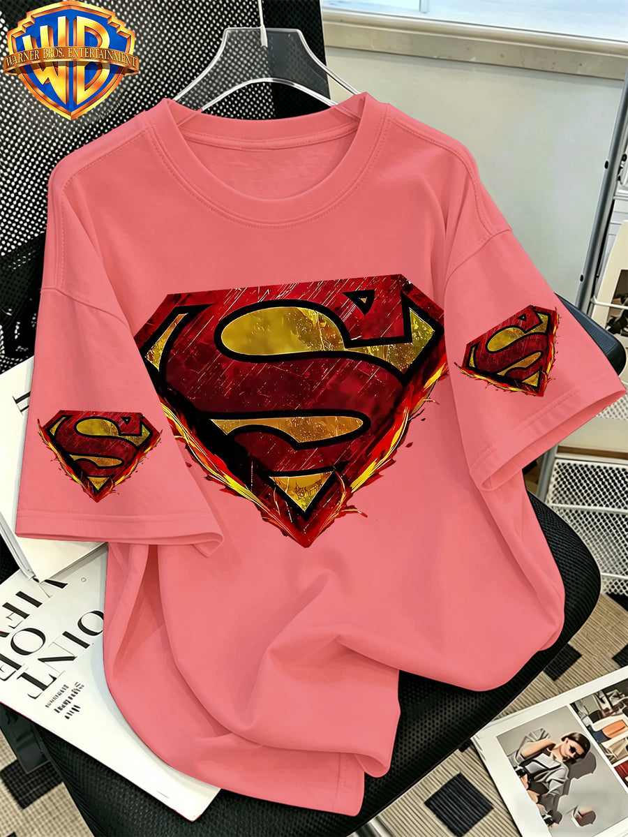 Warner Bros. Official Classic Pure DC Superman Classic S-Logo T-Shirt, Men's 100% Pure Casual Comfortable Multi-Functional Loose-Fit Summer Short-Sleeve T-Shirt, Suitable for Outdoor Wear - Watermelon Red