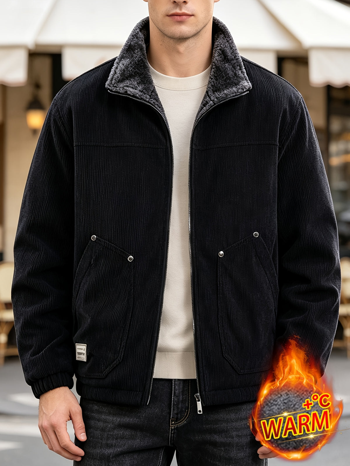 2026 New Men's Corduroy -Lined Warm Jacket, Faux Fur Design, Zipper Front, Decorative Pockets, Casual Vintage Style, Loose Autumn/Winter Outerwear, Daily Street Commuter Wear - Black