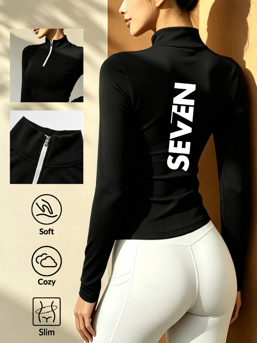 Stand-up Collar Half-zip Long-sleeve T-shirt, Autumn/winter Warm Half-high Neck Base Layer Top - Black