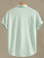 Men'S Striped Shirt Easy Print, Breathable Striped Summer Shirt, Stand-Up Collar Design Suitable for Beach Outings And Daily Casual, Beach Shirt, Outdoor Leisure, Soft Texture, Vacation Wear - Light Green