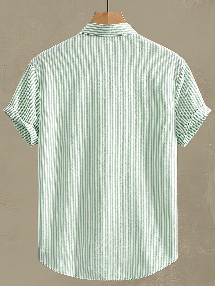 Men's Striped Shirt with Letter Print, Breathable Striped Summer Shirt, Stand Collar Design Suitable for Beach Outings and Daily Casual Wear, Beach Shirt, Outdoor Leisure, Soft Texture, Vacation Outfit, Machine Washable - Light Green