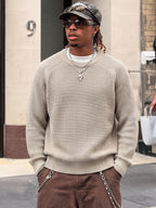 ANDREILEE Apricot Winter Men'S Loose Casual Round Neck Pullover Solid Color Casual Basic All-Match Knit Sweater Long Sleeve Top - Apricot