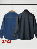 Spring/Autumn Men's Loose-Fit Streetwear Style Cool and Handsome Long-Sleeve Denim Shirt with American-Style Jacket Outer, 2pcs Set - Nostalgia + Deep Blue