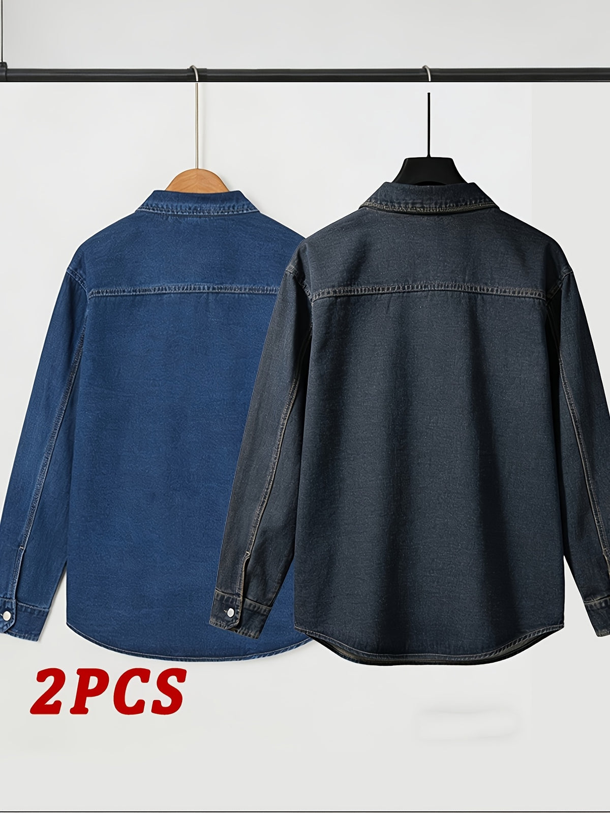 Spring/Autumn Men's Loose-Fit Streetwear Style Cool and Handsome Long-Sleeve Denim Shirt with American-Style Jacket Outer, 2pcs Set - Nostalgia + Deep Blue