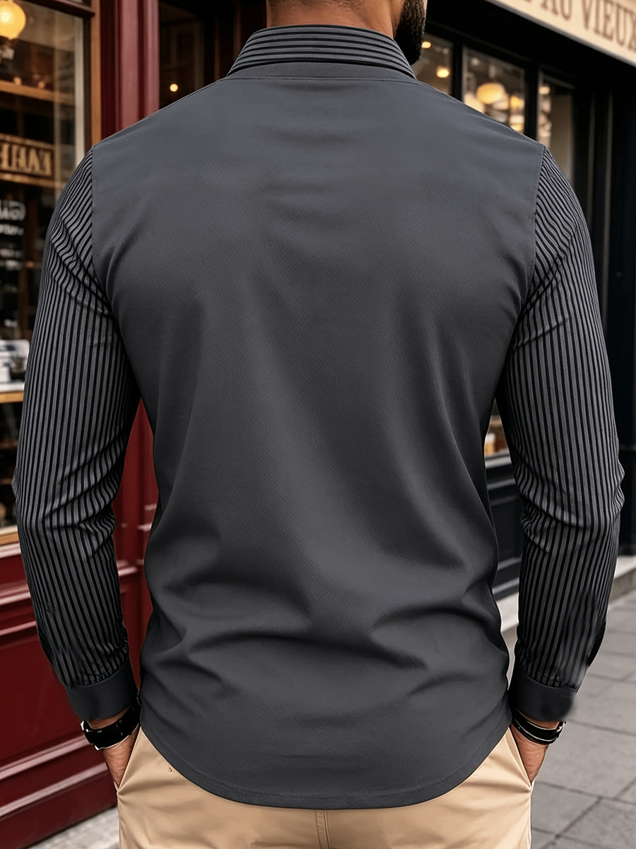 Men's New All-Season Knitwear Classic Lapel Long Sleeve 2-in-1 Look Polo Shirt, Featuring a Stylish and Minimalist Geometric Print Stripe Design, with a Color-blocked Collar and Layered Shirt Style. Made from Lightweight, Breathable - PS Gray
