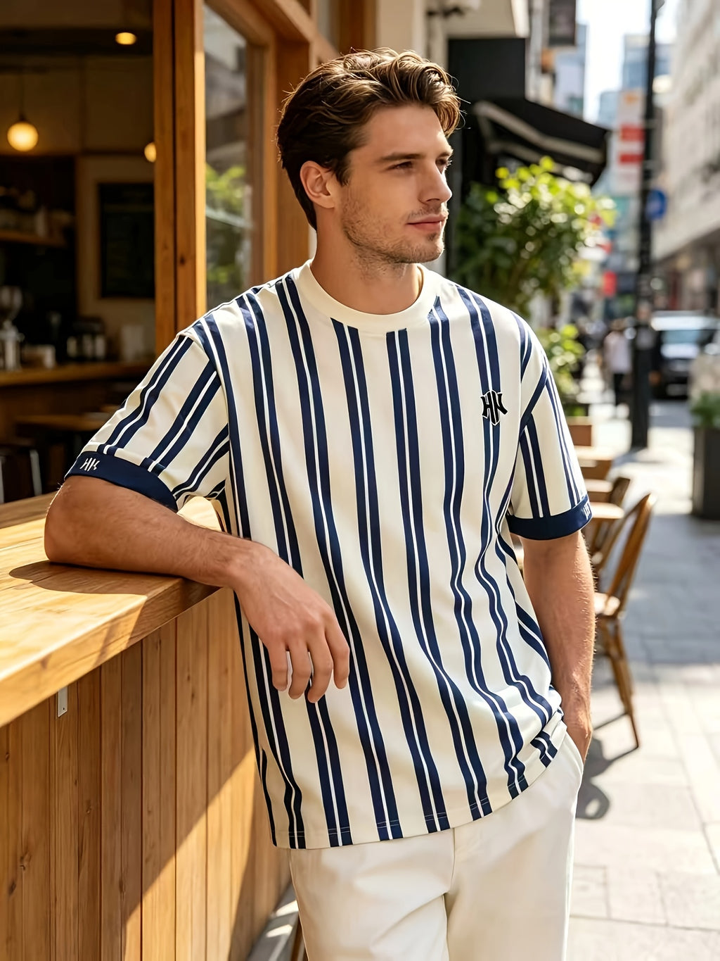 Men's Casual Sport T-Shirt, Navy Blue and White Vertical Stripe with NY Embroidered Logo Print Design, Fashionable Thin and Breathable Tee, Machine Washable Casual Short-Sleeve Top, Suitable for Daily Commuting/Outdoor Sports/Game Training/Vacation - Mixed colors