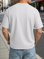 Men's Large Waffle Knit Chicken-Heart Neck T-Shirt - Loose Fit Short Sleeve Crew Neck Shirt with Hem Logo Decoration, Breathable Summer Casual & Sportswear, Solid Color Suitable for Gym, Casual Attire, Machine Washable - White