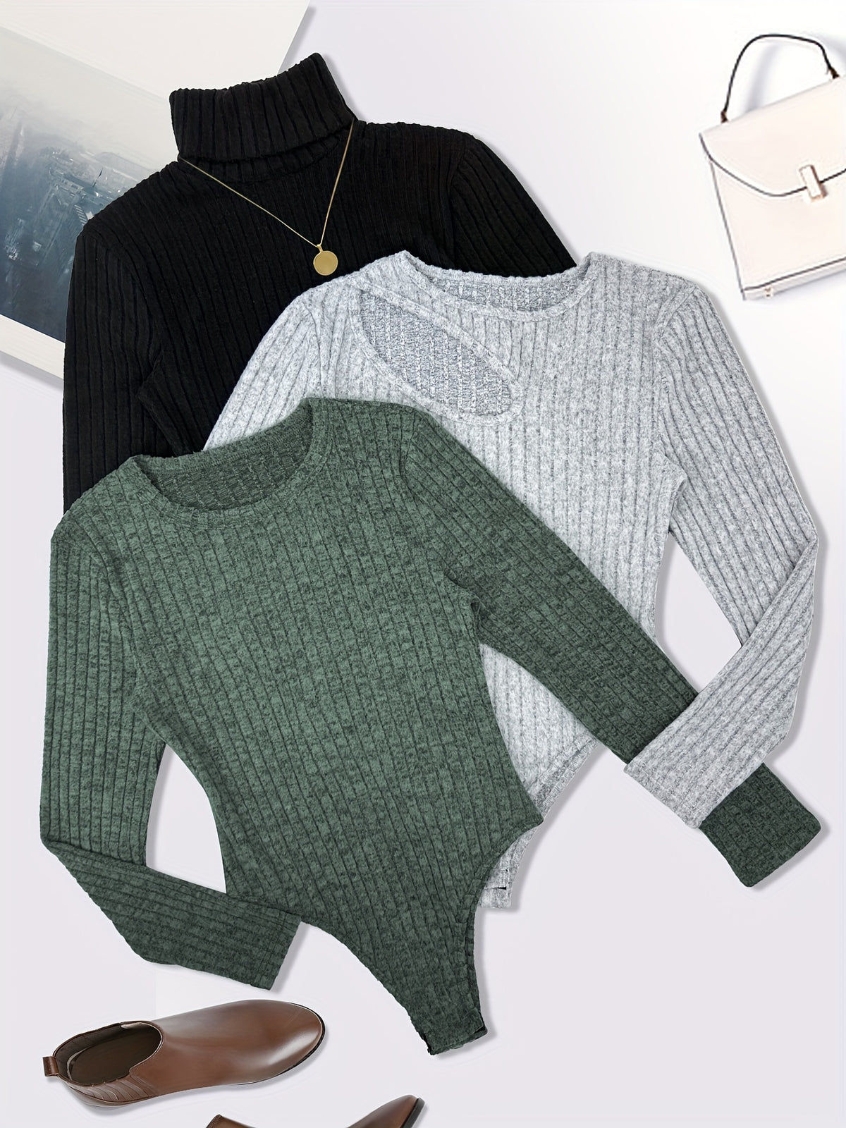 Women's Brushed Temperament Fitted 3pcs Top Set - Green+grey+black