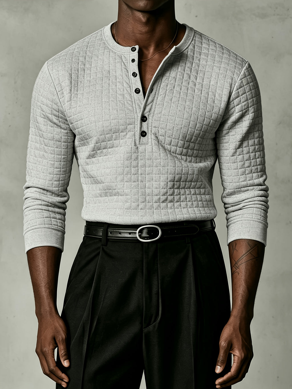 Joshmei OBM New Men's Checkered Embossed Texture Henley Long-Sleeve Shirt, Half-Button Placket Textured Minimalist Casual Top, Autumn/Winter Slim Fit for Daily Commute and Streetwear, Multiple Colors Available - Light Grey