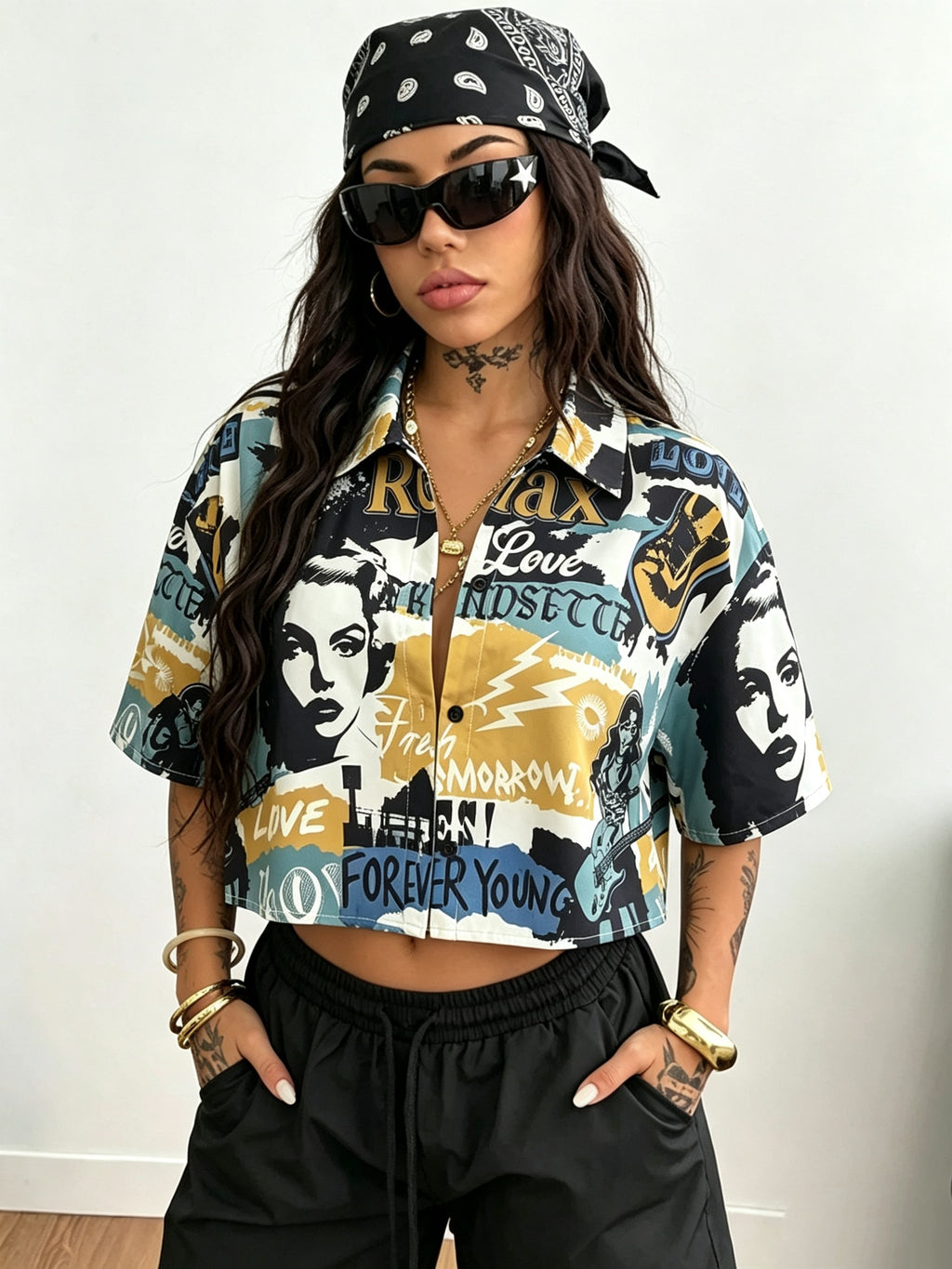 Women's Summer Trendy Plaid Oversized Cropped Printed Shirt, All-Season Wear, Street Hip Hop & Retro College Style, Casual for Daily Outfits, Ideal Surprise Gift for Festivals and Anniversaries - Mixed colors