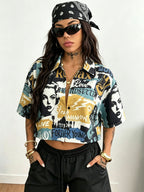 Women's Summer Trendy Plaid Oversized Cropped Printed Shirt, All-Season Wear, Street Hip Hop & Retro College Style, Casual for Daily Outfits, Ideal Surprise Gift for Festivals and Anniversaries - Mixed colors