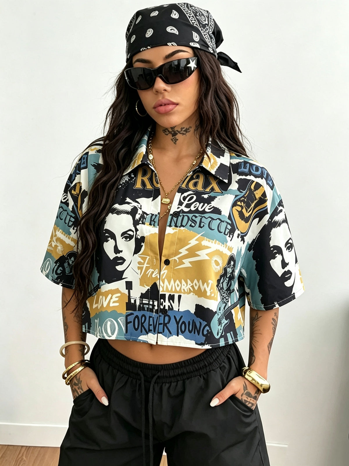 Women's Summer Trendy Plaid Oversized Cropped Printed Shirt, All-Season Wear, Street Hip Hop & Retro College Style, Casual for Daily Outfits, Ideal Surprise Gift for Festivals and Anniversaries - Mixed colors