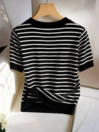 Women's Elegant V-Neck Striped T-Shirt - Soft Medium-Stretch Suitable for - Casual Blouse Striped Top, Machine Washable Non-Sheer V-Neck Shirt for Office, Layering & Casual Attire (Year-Round Wardrobe Essential) - Black