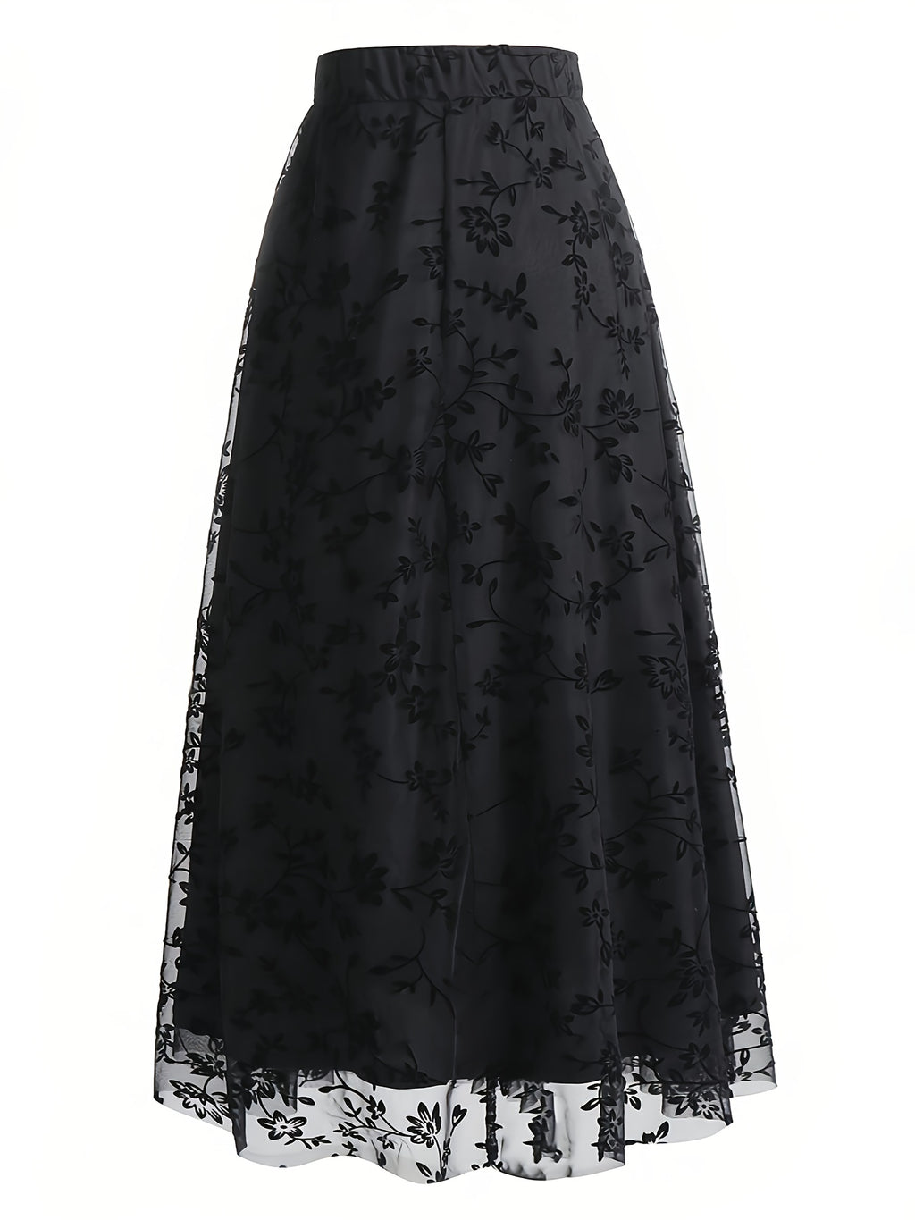 New High-Waisted Mesh Skirt with Loose Floral Embroidery A-Line for Women - Black